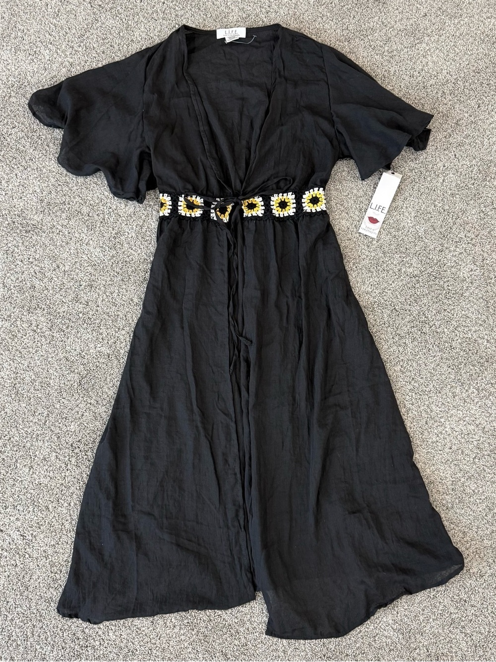NWT LoveIsForEternity Black Lightweight Crochet FrontTie Beach Coverup Women’s L